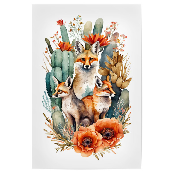Poster "Familie von Füchsen" artboxONE - Floral,Tiere - Fuchs,Kinderzimmer,Süßes tier,Tier,Natur,Aquarell,Botanisch,Blumig,Böhmen,Verträumt