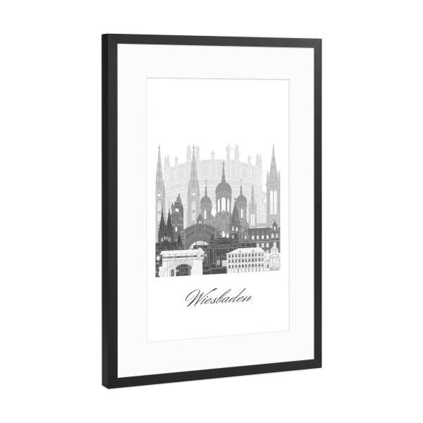 Poster mit Rahmen Schwarz (Metallic) "Wiesbadener Skyline schwarz weiß" artboxONE - Städte,Reise,Architektur