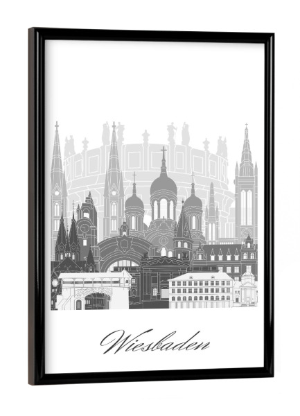Poster mit schwarzem Rahmen "Wiesbadener Skyline schwarz weiß" artboxONE - Städte,Reise,Architektur