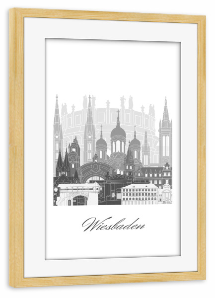 Poster mit Rahmen kiefer "Wiesbadener Skyline schwarz weiß" artboxONE - Städte,Reise,Architektur