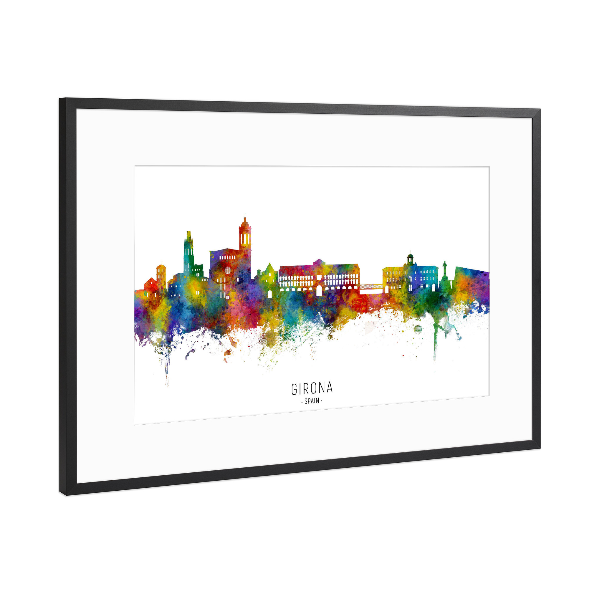 Poster mit Rahmen Schwarz (Metallic) "Girona Spanien Skyline txt" artboxONE - Städte - Girona,Spanien,Skyline,Stadtbild,Stadtbild,Aquarell,Malerei