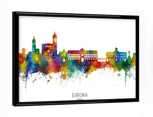 Poster mit schwarzem Rahmen "Girona Spanien Skyline txt" artboxONE - Städte - Girona,Spanien,Skyline,Stadtbild,Stadtbild,Aquarell,Malerei