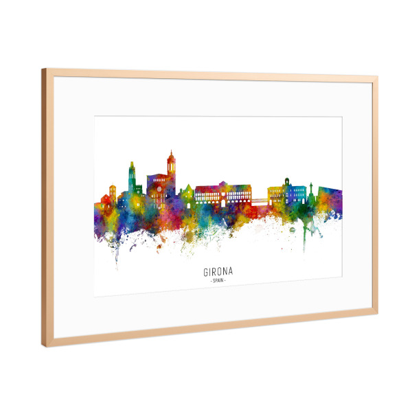 Poster mit Rahmen Kupfer "Girona Spanien Skyline txt" artboxONE - Städte - Girona,Spanien,Skyline,Stadtbild,Stadtbild,Aquarell,Malerei