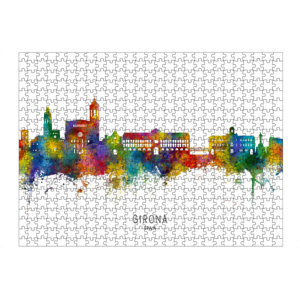 Puzzle Ravensburger "Girona Spanien Skyline txt" artboxONE - Städte - Girona,Spanien,Skyline,Stadtbild,Stadtbild,Aquarell,Malerei - Bild girona