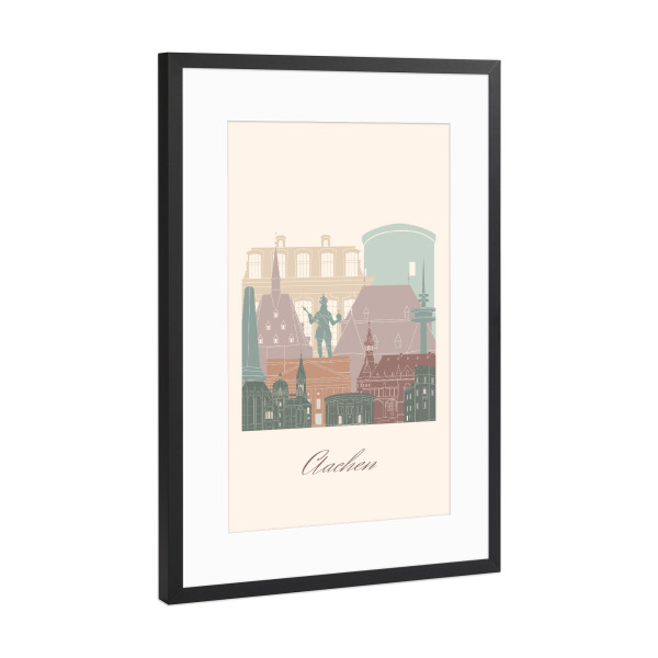 Poster mit Rahmen Schwarz (Metallic) "Aachener Skyline - Salbeigrün" artboxONE - Städte,Reise,Architektur