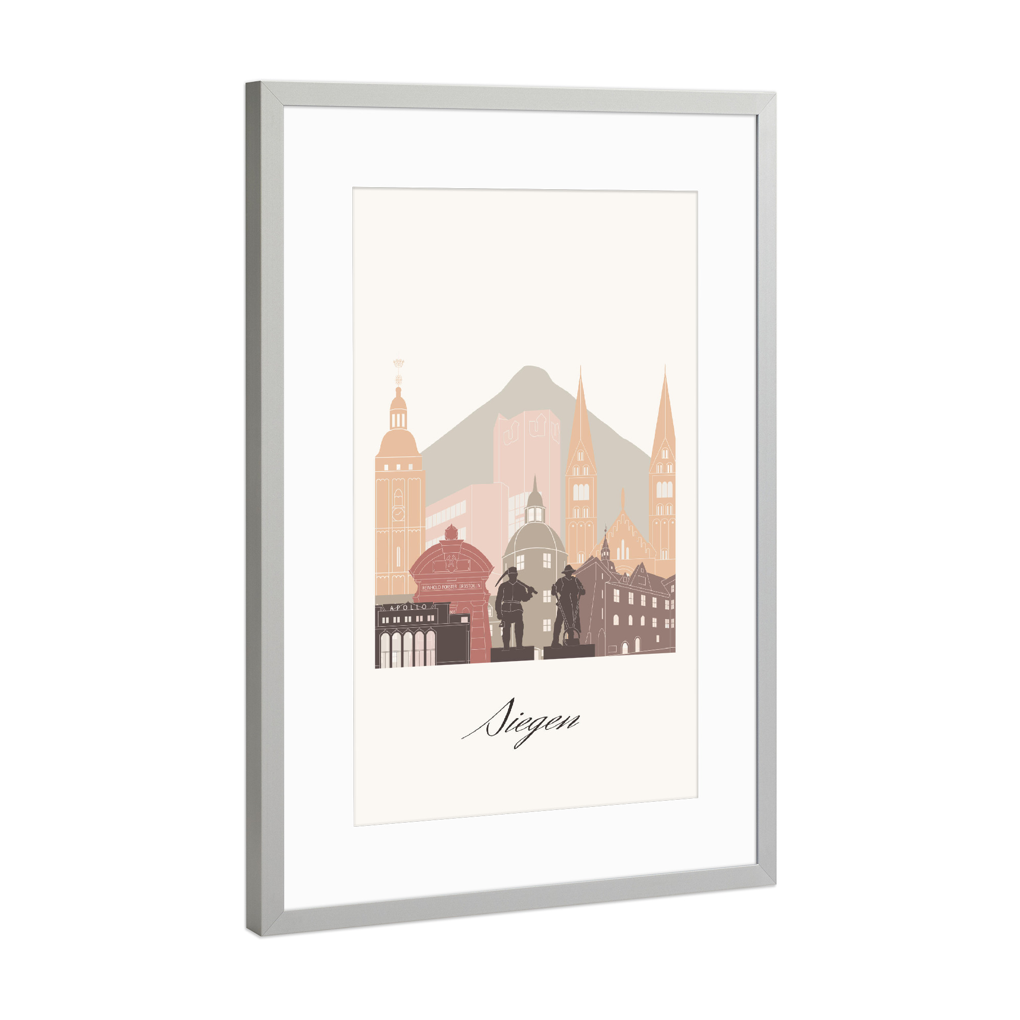 Poster mit Rahmen Silber "Skyline von Siegen in Terrakotta" artboxONE - Städte,Reise,Architektur