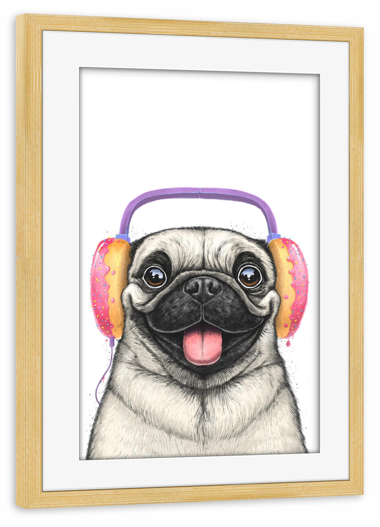 Poster mit Rahmen kiefer "Mops mit Kopfhörern" artboxONE - Tiere,Essen & Trinken,Musik