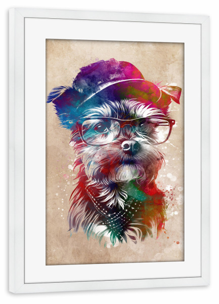 Poster mit Rahmen weiß "Hipster-Hund A" artboxONE - Tiere - Hund,Haustier,Tier,Tiere,Grafik,Kunst,Hipster