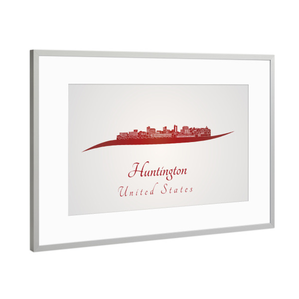 Poster mit Rahmen Silber "Huntington-Skyline in Rot" artboxONE - Städte