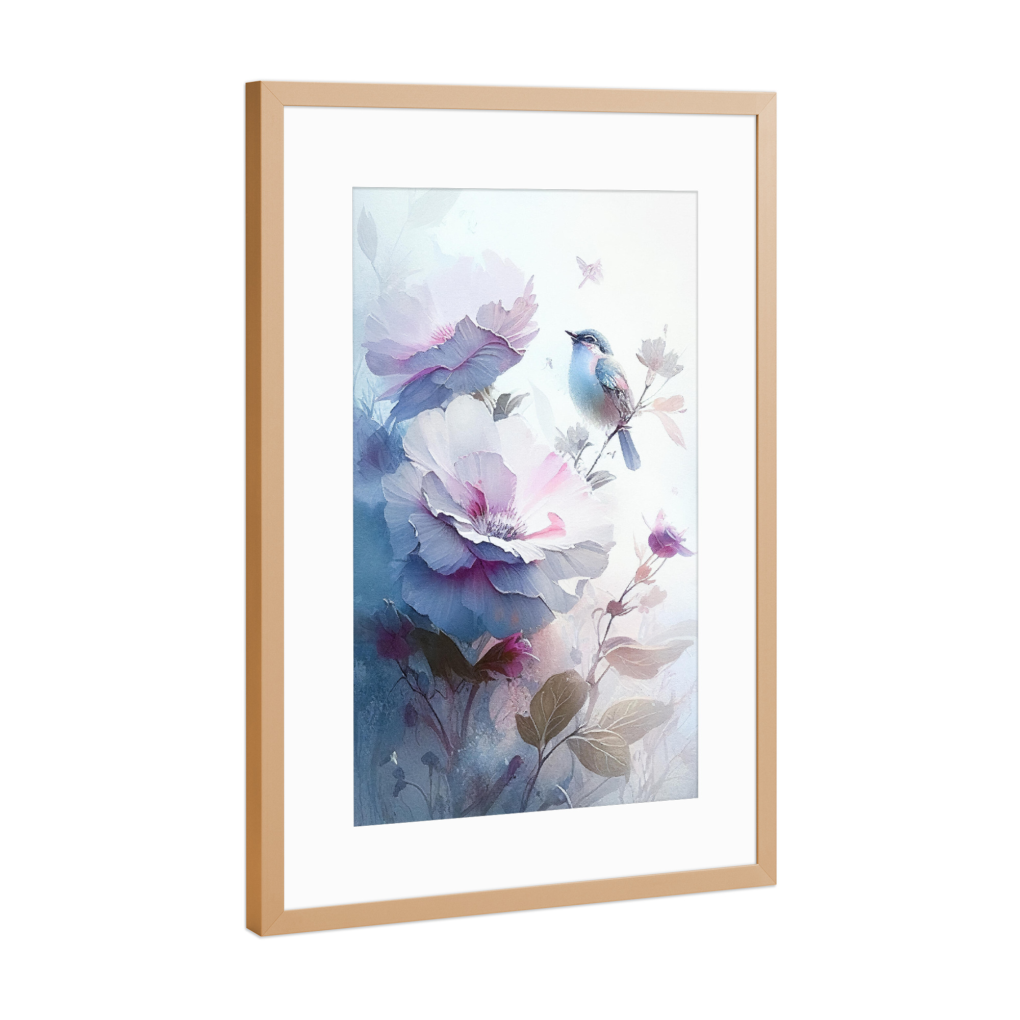 Poster mit Rahmen Kupfer "Vogel mit verträumten Blumen" artboxONE - Natur,Floral,Tiere