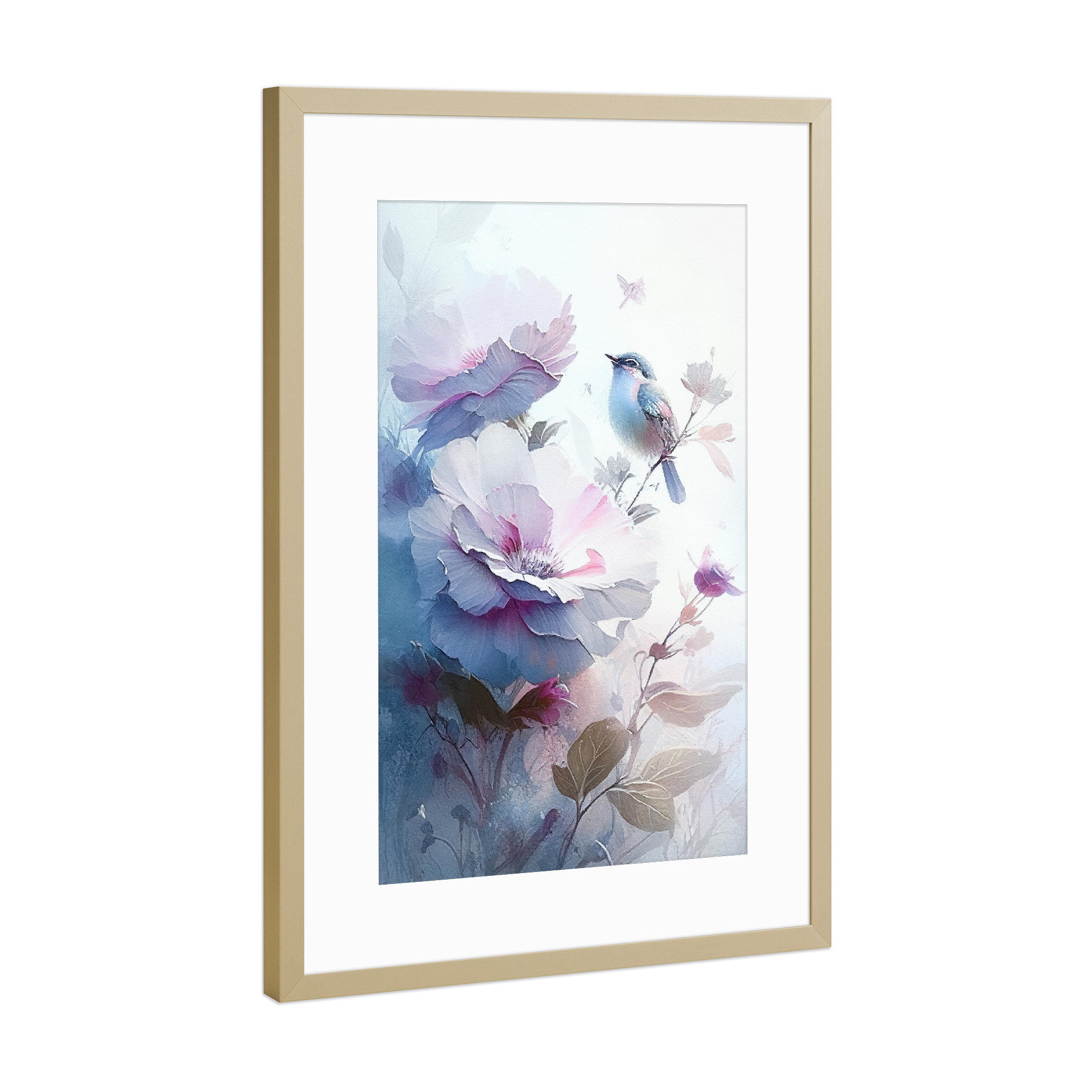 Poster mit Rahmen Gold "Vogel mit verträumten Blumen" artboxONE - Natur,Floral,Tiere