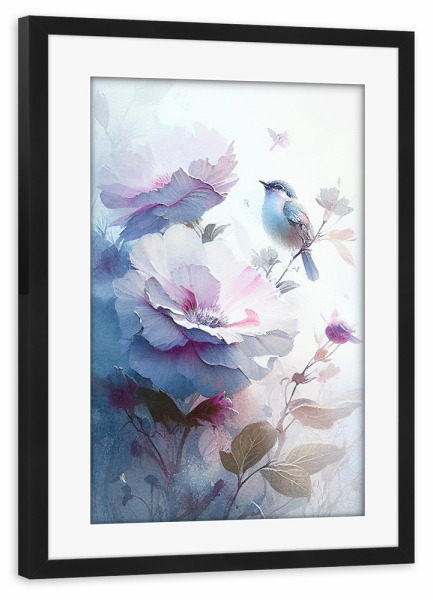 Poster mit Rahmen schwarz "Vogel mit verträumten Blumen" artboxONE - Natur,Floral,Tiere