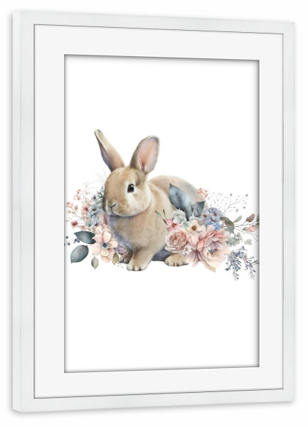 Poster mit Rahmen weiß "Hase mit Blumen Frohe Ostern" artboxONE - Natur,Floral,Tiere,Lustig
