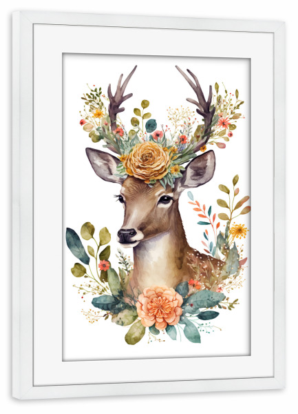 Poster mit Rahmen weiß "Hirsch mit Blumen" artboxONE - Floral,Tiere - Tier,Hirsch,Aquarell,Blumen,Botanik,Natur,Bohemian,Wildtiere,Wald