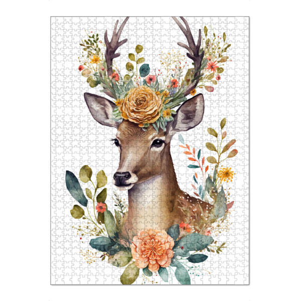 Puzzle Ravensburger "Hirsch mit Blumen" artboxONE - Floral,Tiere - Tier,Hirsch,Aquarell,Blumen,Botanik,Natur,Bohemian,Wildtiere,Wald - Bild tier