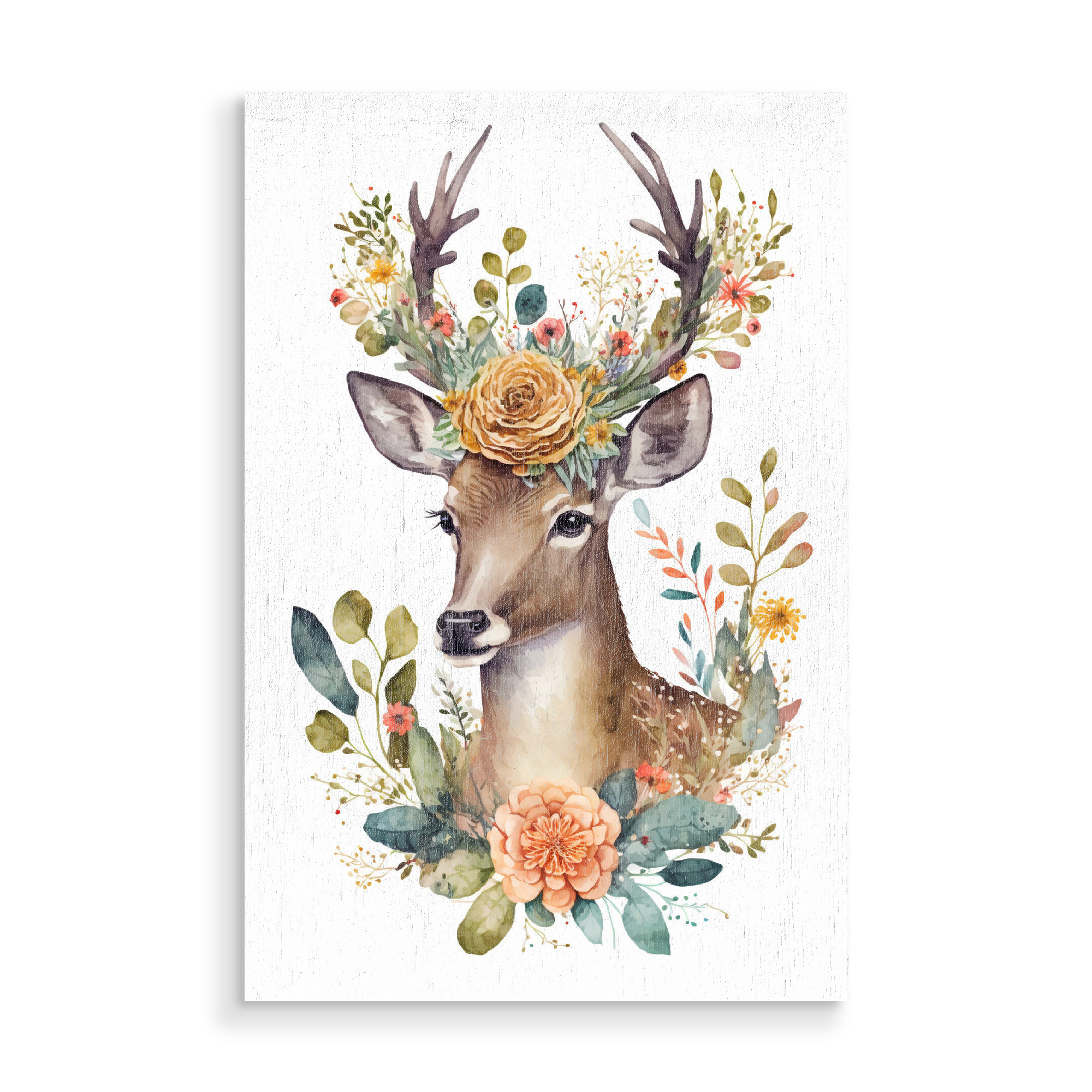 Holzbild "Hirsch mit Blumen" artboxONE - Floral,Tiere - Tier,Hirsch,Aquarell,Blumen,Botanik,Natur,Bohemian,Wildtiere,Wald