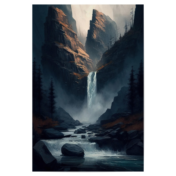 Poster 30x20 cm "Braune Klippen mit Wasserfall" artboxONE - Natur,Reise - Malerei,Kunst,öl,Wasserfall,Kaskade,Tal,Wasser,Fluss,Natur,Landschaft