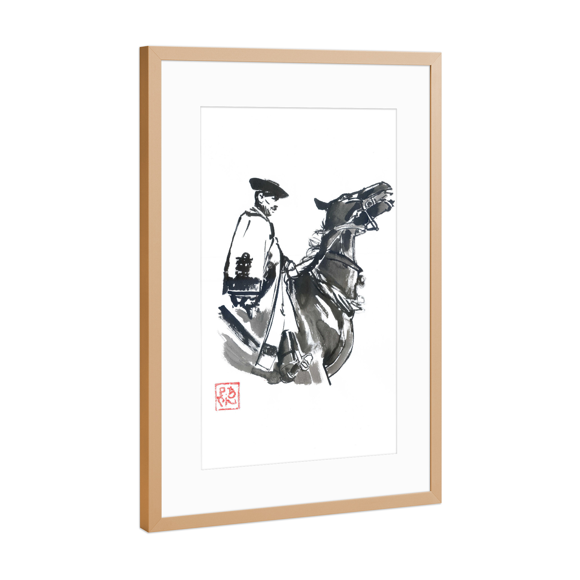 Poster mit Rahmen Kupfer "Hungarian cowboy" artboxONE - Tiere,Schwarzweiß,Reise / Länder,Männer - Cowboy,Horse,Hungarian,Sumie,Japan,Schwarzweiß