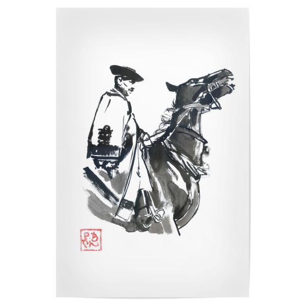 Poster 30x20 cm "Hungarian cowboy" artboxONE - Tiere,Schwarzweiß,Reise / Länder,Männer - Cowboy,Horse,Hungarian,Sumie,Japan,Schwarzweiß