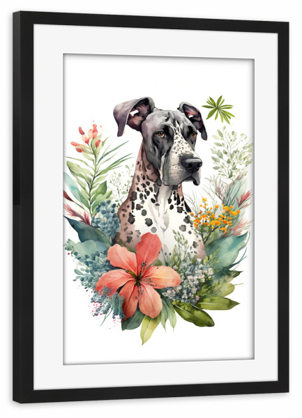 Poster mit Rahmen schwarz "Deutsche Dogge mit Pflanzen" artboxONE - Floral,Tiere