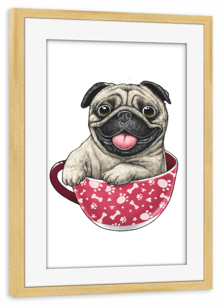 Poster mit Rahmen kiefer "Mops in einer Tasse" artboxONE - Tiere,Essen & Trinken,Lustig