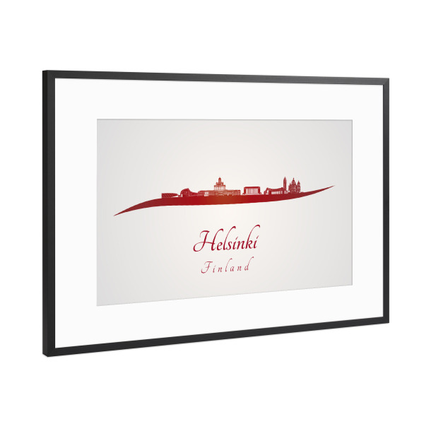 Poster mit Rahmen Schwarz (Metallic) "Helsinki-Skyline in Rot" artboxONE - Städte