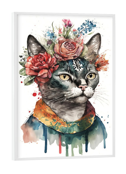 Poster mit weißem Rahmen "Katze mit Blumen auf dem Kopf" artboxONE - Floral,Tiere