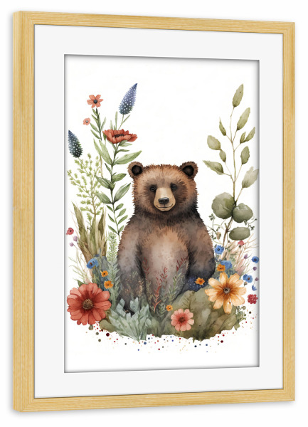 Poster mit Rahmen kiefer "Braunbär mit Blumen" artboxONE - Floral,Tiere