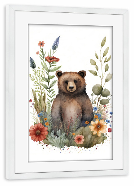 Poster mit Rahmen weiß "Braunbär mit Blumen" artboxONE - Floral,Tiere