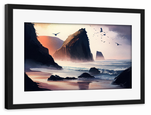 Poster mit Rahmen schwarz "Aquarell Ozeanufer Sonnenuntergang" artboxONE - Natur,Reise / Strand und Meer