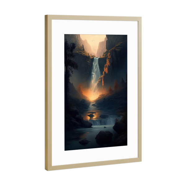 Poster mit Rahmen Gold "Leuchtende Wasserfallmalerei" artboxONE - Natur
