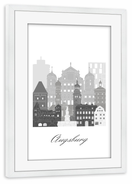 Poster mit Rahmen weiß "Augsburger Skyline schwarz-weiß" artboxONE - Städte,Reise,Architektur