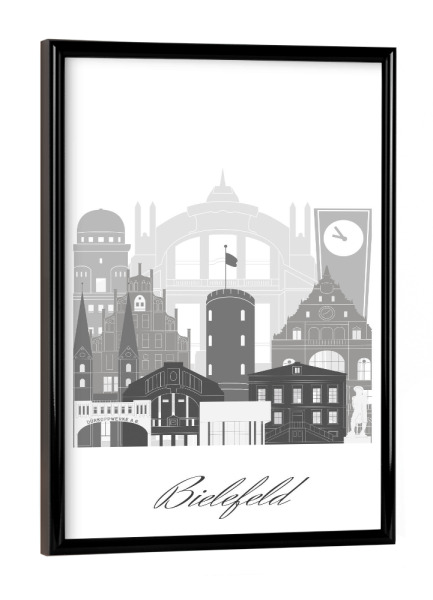 Poster mit schwarzem Rahmen "Bielefelder Skyline schwarz weiß" artboxONE - Städte,Reise,Architektur