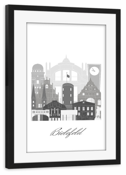 Poster mit Rahmen schwarz "Bielefelder Skyline schwarz weiß" artboxONE - Städte,Reise,Architektur