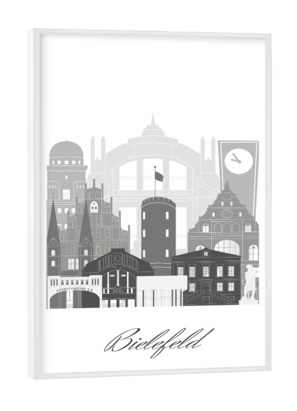 Poster mit weißem Rahmen "Bielefelder Skyline schwarz weiß" artboxONE - Städte,Reise,Architektur
