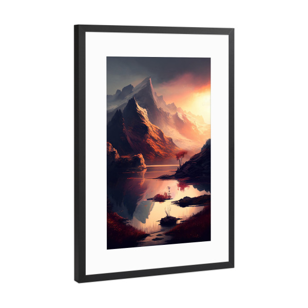 Poster mit Rahmen Schwarz (Metallic) "Schöne Bergsonnenuntergangmalerei" artboxONE - Natur,Reise