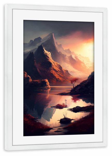 Poster mit Rahmen weiß "Schöne Bergsonnenuntergangmalerei" artboxONE - Natur,Reise