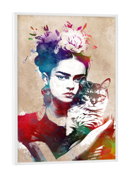 Poster mit weißem Rahmen "Frauen- und Katzenportrait" artboxONE - Tiere,Menschen - Grafik,Porträt,Frau,Mädchen,Katze,Bunt