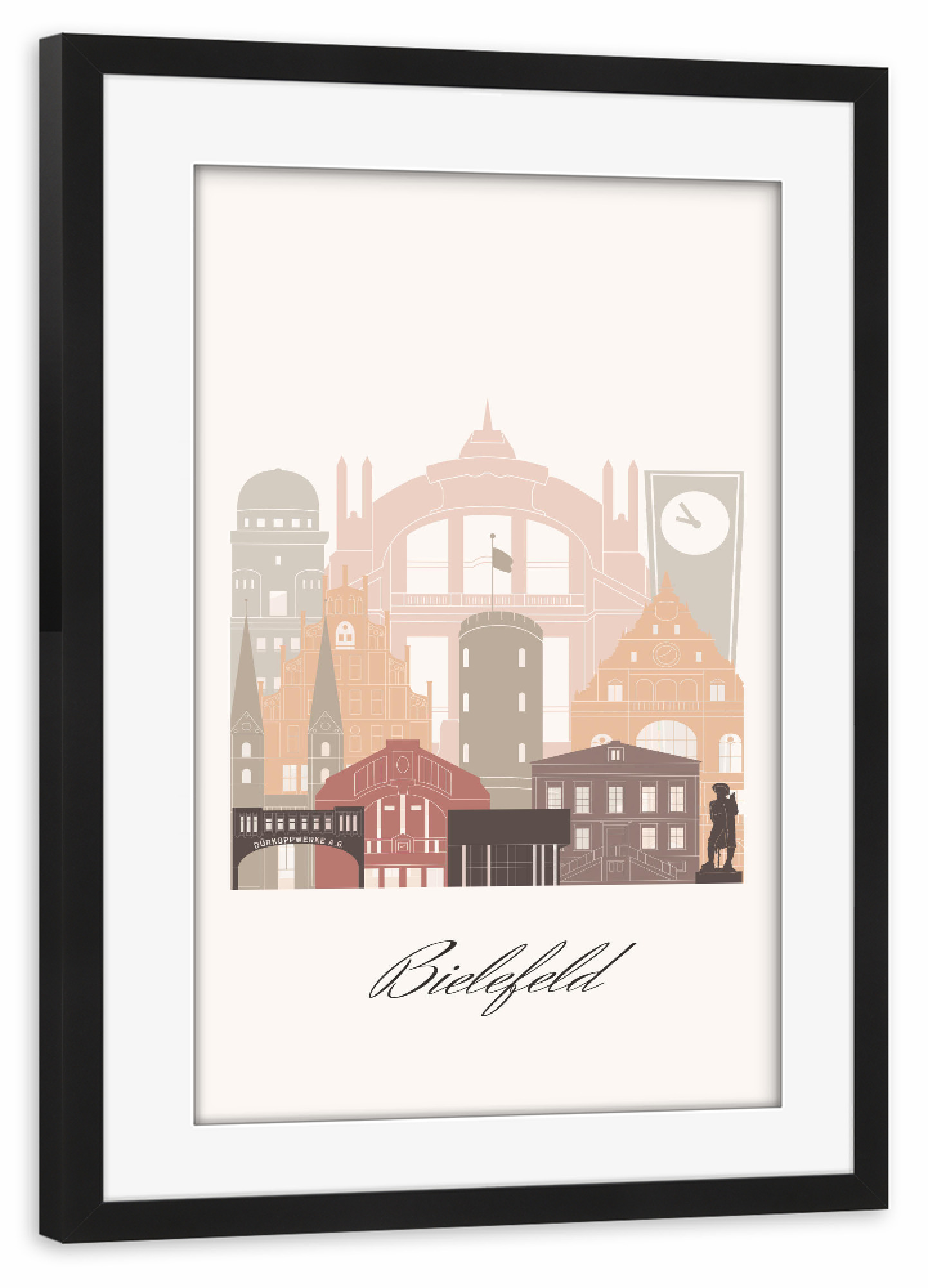 Poster mit Rahmen schwarz "Bielefelder Skyline im Terrakotta" artboxONE - Städte,Reise,Architektur