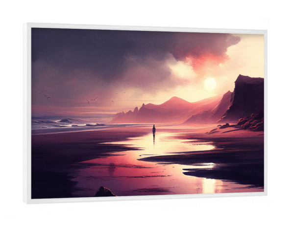 Poster mit weißem Rahmen "Lila Sonnenuntergang am Strand" artboxONE - Natur,Reise / Strand und Meer