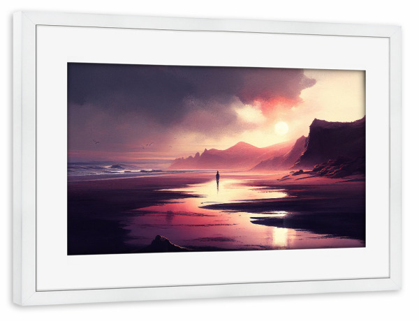 Poster mit Rahmen weiß "Lila Sonnenuntergang am Strand" artboxONE - Natur,Reise / Strand und Meer