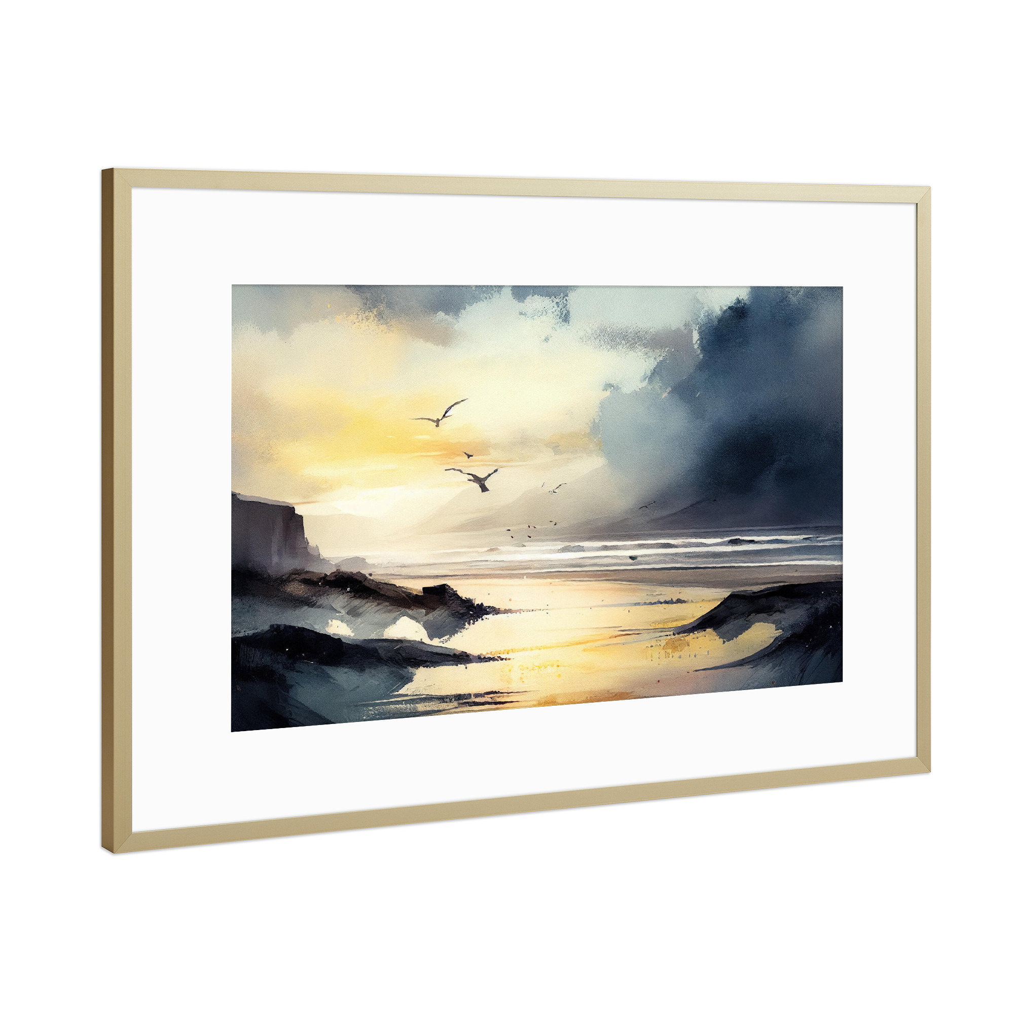 Poster mit Rahmen Gold "Grauer Aquarellstrand" artboxONE - Natur,Reise / Strand und Meer