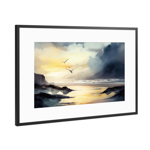 Poster mit Rahmen Schwarz (Metallic) "Grauer Aquarellstrand" artboxONE - Natur,Reise / Strand und Meer