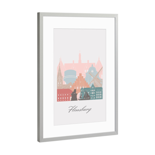 Poster mit Rahmen Silber "Flensburger Skyline im Pastellstil" artboxONE - Städte,Reise,Architektur
