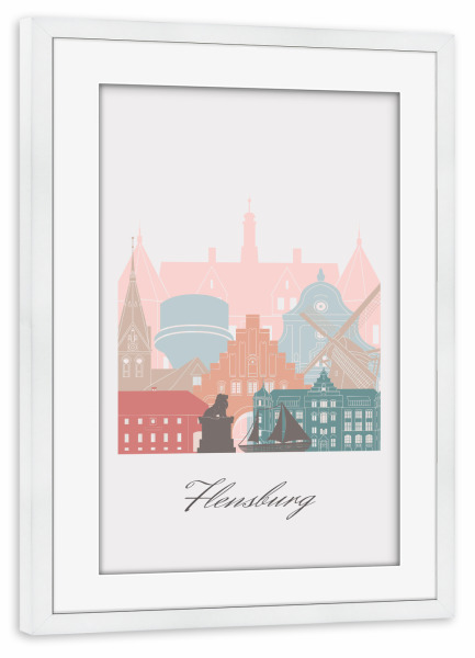 Poster mit Rahmen weiß "Flensburger Skyline im Pastellstil" artboxONE - Städte,Reise,Architektur