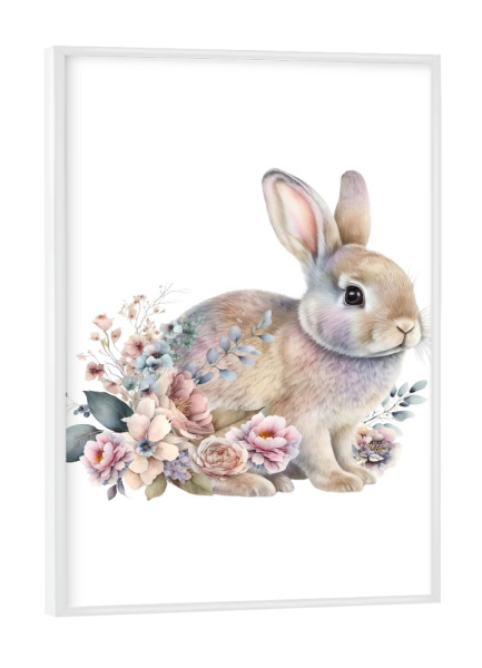 Poster mit weißem Rahmen "Frohe Ostern | Häschen mit Blumen" artboxONE - Natur,Floral,Tiere,Lustig