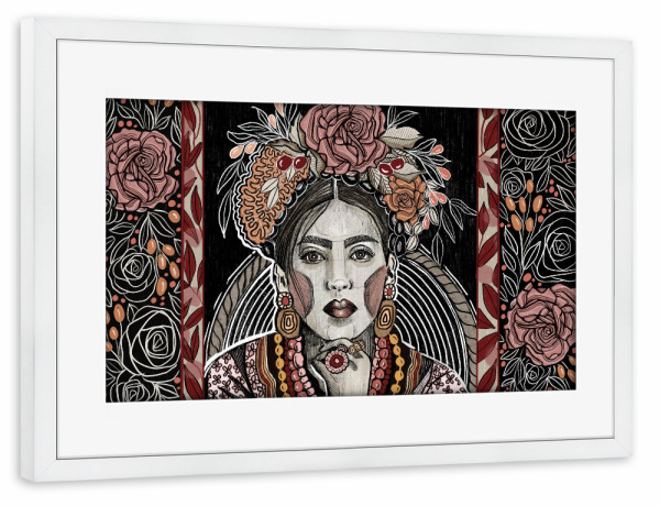 Poster mit Rahmen weiß "BOHO FRIDA" artboxONE - Floral,Abstrakt,Menschen - Portrait,Frida,Frau,Mädchen,Boho,Muster,Blumen,Floral,Zeichnung