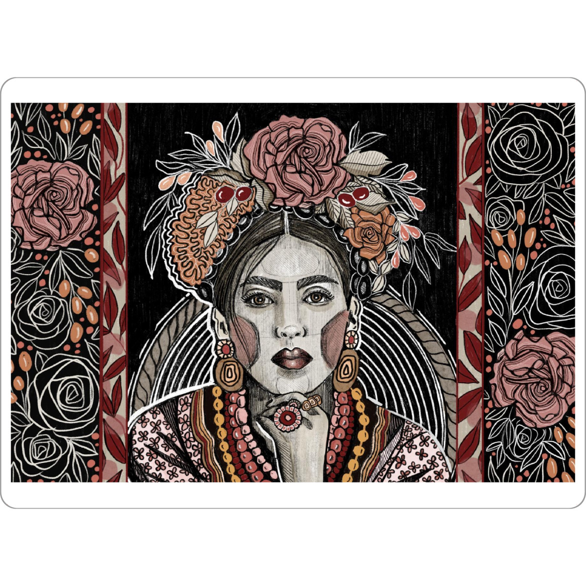 Tischset "BOHO FRIDA" artboxONE - Floral,Abstrakt,Menschen - Portrait,Frida,Frau,Mädchen,Boho,Muster,Blumen,Floral,Zeichnung - Bild portrait