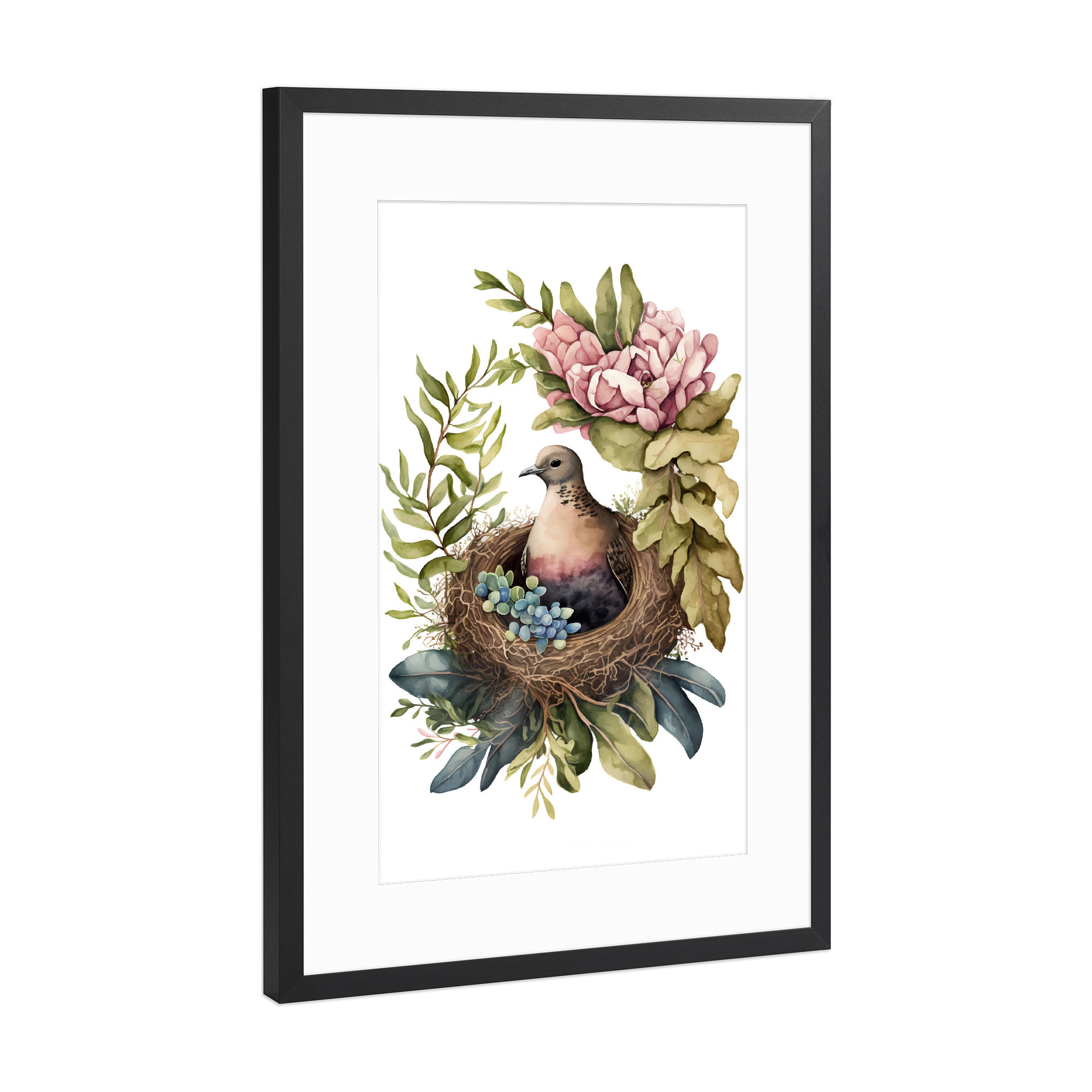 Poster mit Rahmen Schwarz (Metallic) "Nisttaube mit Blumen" artboxONE - Floral,Tiere