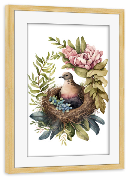 Poster mit Rahmen kiefer "Nisttaube mit Blumen" artboxONE - Floral,Tiere